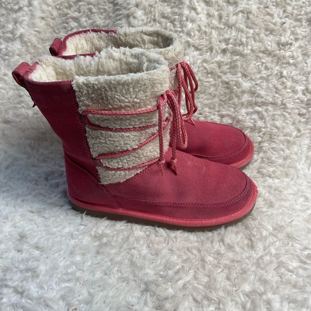 Kookaburra by UGG leather pink Girl winter boots beige fur lace up accent SZ3
